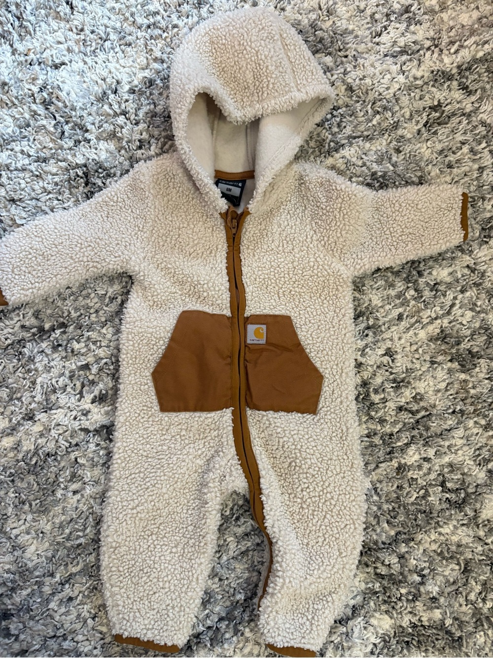Carhartt Cream Sherpa Hooded One-Piece with Brown Patch Pockets